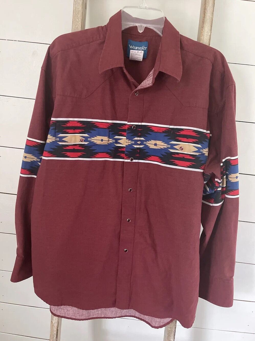 VTG 90s Mens Wrangler Aztec Western Rare Red Snap Button Shirt LS Rodeo Sz XL